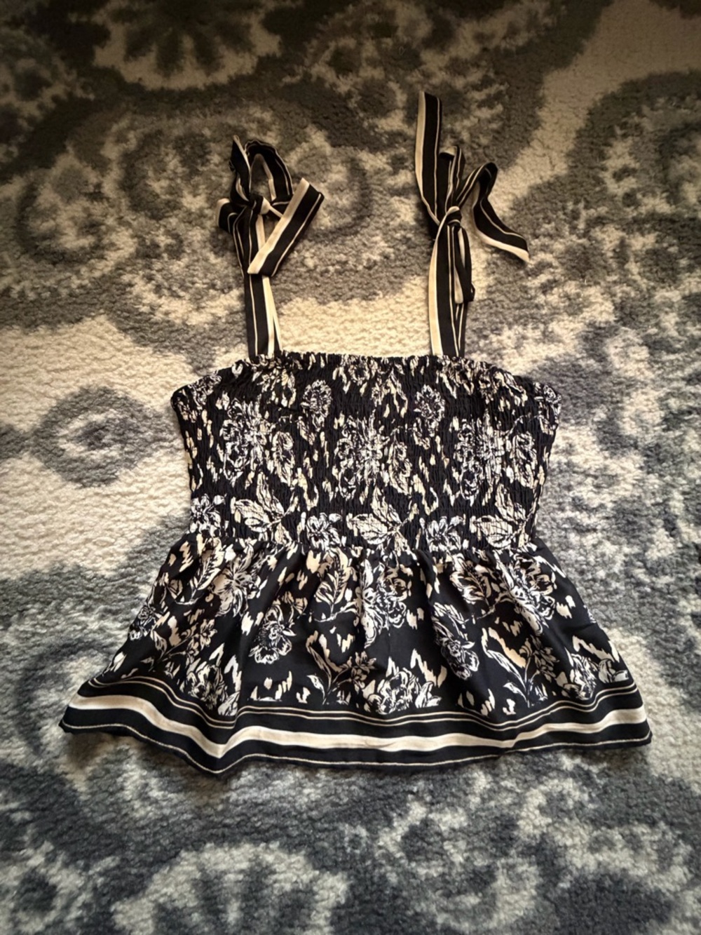 Maurices Black & White Floral Tie-Strap Smocked Tank